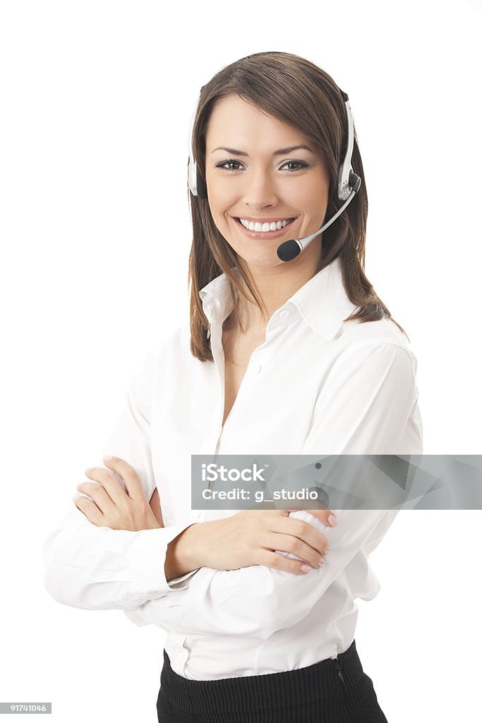 Soporte teléfono operador en auricular, aislado - Foto de stock de Agente de servicio al cliente libre de derechos