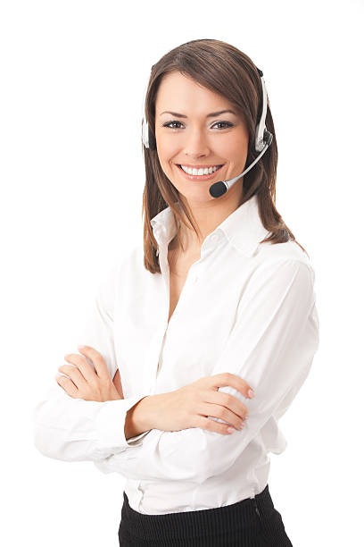 Support phone operator in headset, isolated stock photo