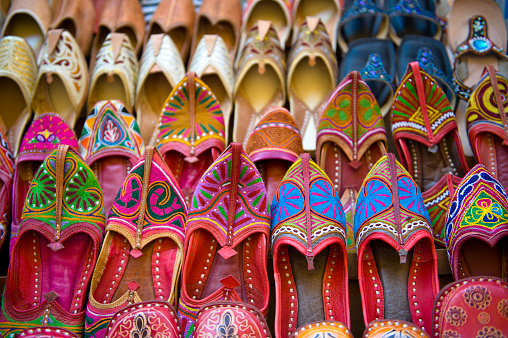 Colorful and embroidered shoes in souvenir shop, Jaisalmer, India