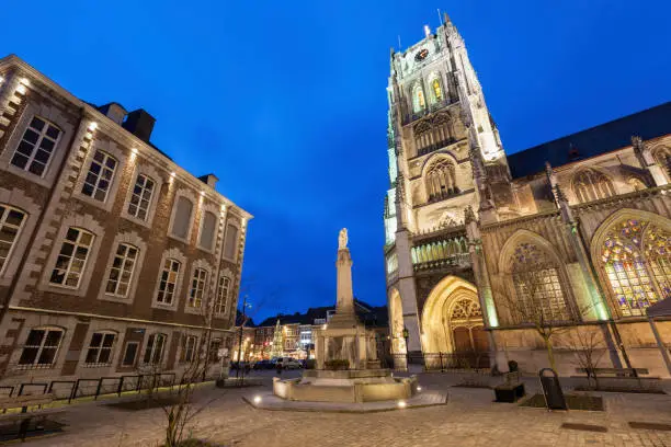 Tongeren Basilica at night. Tongeren, Wallonia, Belgium.