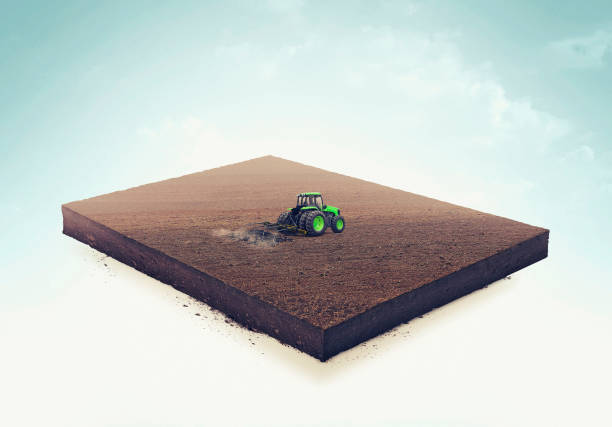 土壌スライスの 3 d イラストレーションは、トラクターに白い背景に分離されたフィールドをプラウします。 - plowed field dirt agriculture field ストックフォトと画像