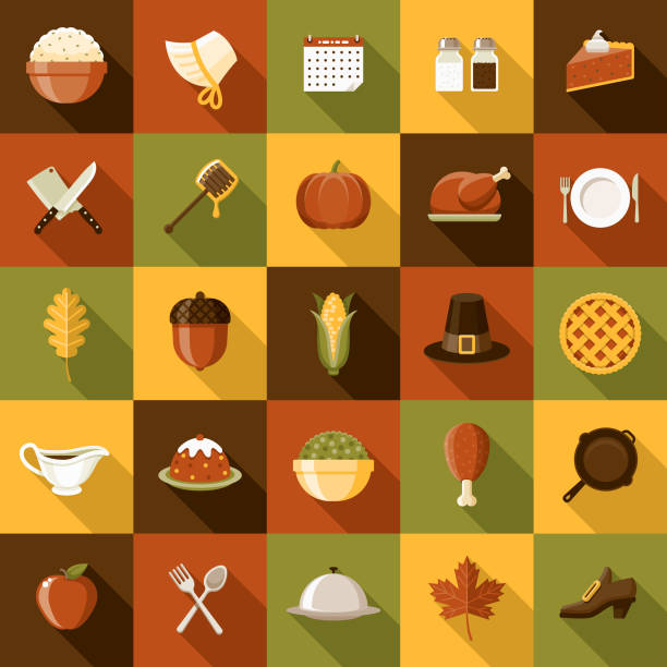 flache bauform thanksgiving symbolsatz mit seite schatten - thanksgiving symbol turkey apple stock-grafiken, -clipart, -cartoons und -symbole