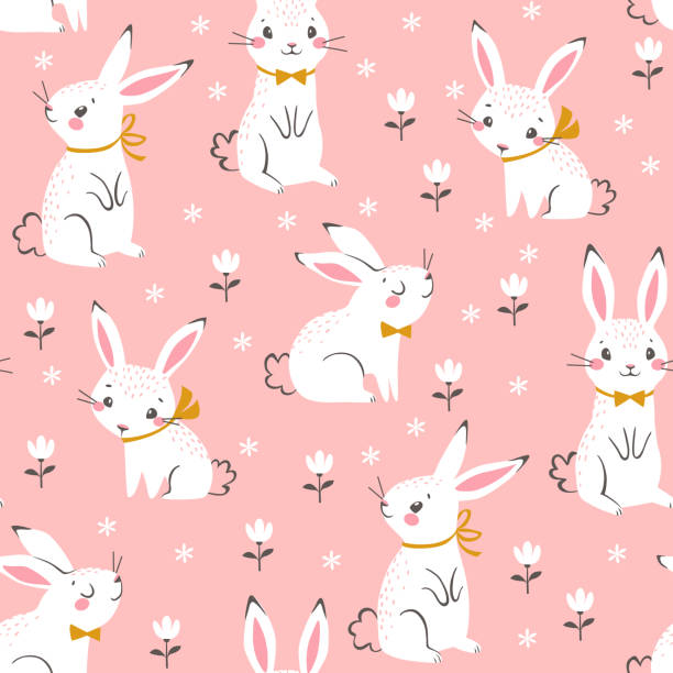 Cute white bunnies pattern Seamless pattern of cute white bunnies on pink background with floral elements. easter patterns stock illustrations