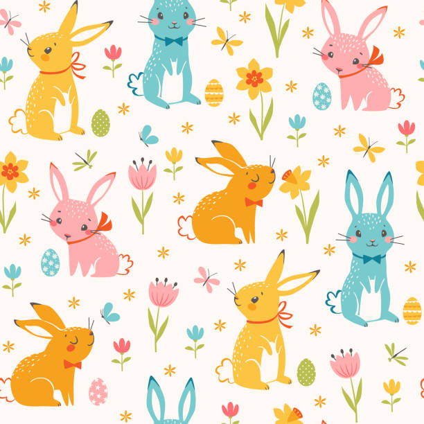 красочный шаблон пасхальных кроликов - floral pattern butterfly easter easter egg stock illustrations