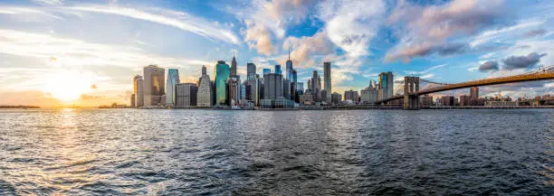 Panoramic Panorama view of outside outdoors in NYC New York City Brooklyn Bridge Park by east river, cityscape skyline during sunset