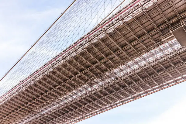 Closeup view of under Manhattan Bridge outside exterior outdoors in NYC New York City, Brooklyn showing pattern, texture, cable suspension wires