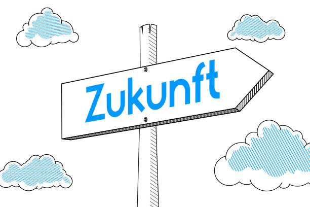 Zukunft (German) / Future (English) - signpost Zukunft (German) / Future (English) - signpost - outline graphics, clouds, white background. zukunft stock illustrations
