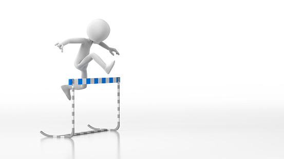Cartoon Guy Jumping over a Hurdle Obstacle. Isolated white background. 3D rendering