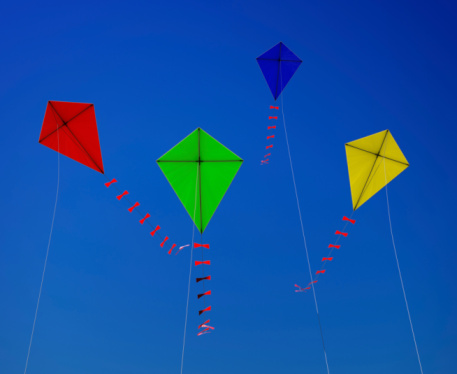Kites at the beach. Summer time. Travel and vacation scene.