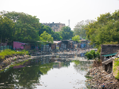 Waste or garbage polluting lake or canal causing disaster to environment. Chennai