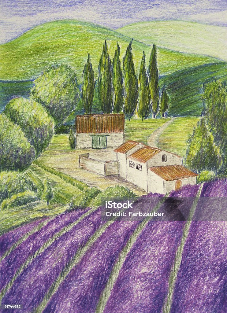ラベンダー畑と風景の絵 - 鉛筆画のロイヤリティフリーストックイラストレーション
