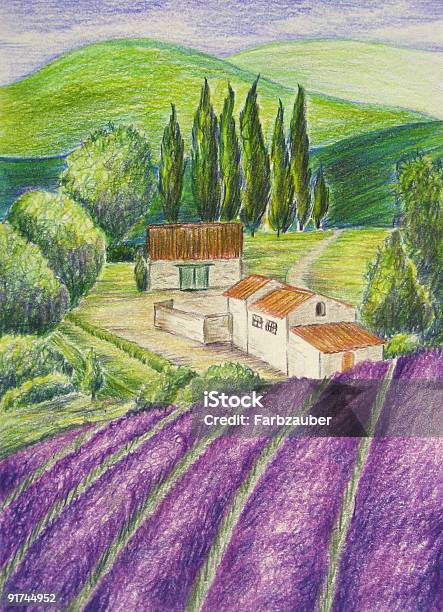 Vetores de Campo De Lavanda E Paisagemdesenho e mais imagens de Desenho de Lápis - Desenho de Lápis, Paisagem - Natureza, Toscana - Itália