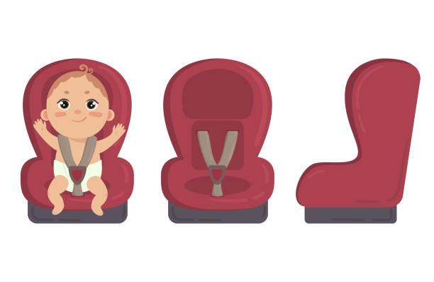 ilustraciones, imágenes clip art, dibujos animados e iconos de stock de bebé en sillita. lateral y frontal de la silla de seguridad - back seat illustrations