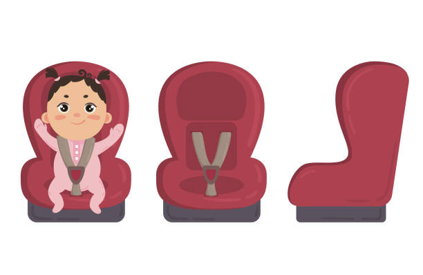 ilustraciones, imágenes clip art, dibujos animados e iconos de stock de bebé en sillita. lateral y frontal de la silla de seguridad - back seat illustrations