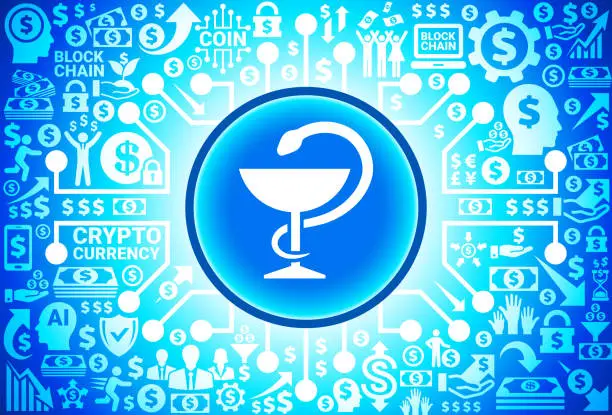 Vector illustration of Medical Goblet and Snake Icon on Money and Cryptocurrency Background
