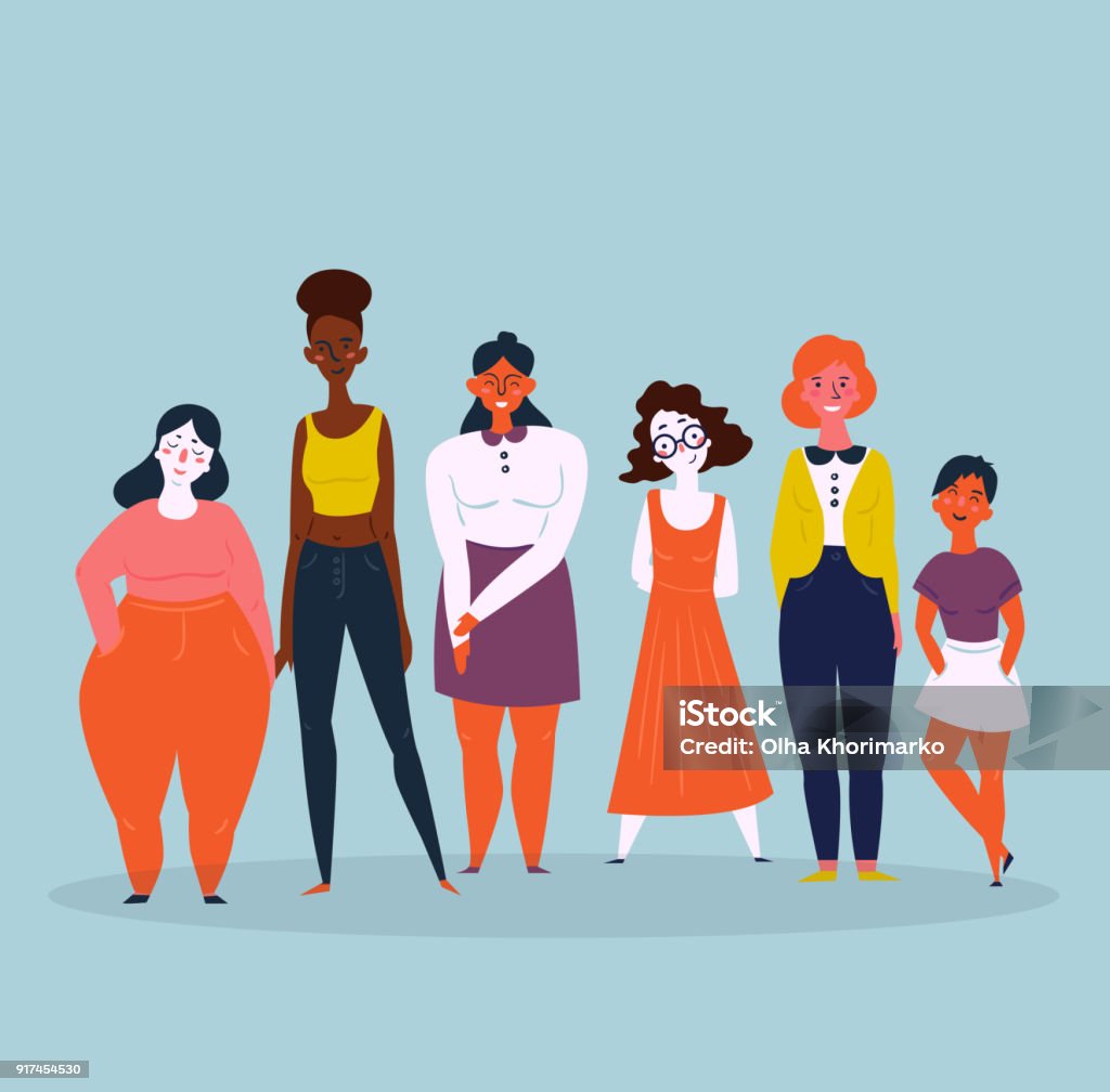 Illustration of a diverse group of women. Feminine Diverse international and interracial group of standing women. For girls power concept, feminine and feminism ideas, woman empowerment and role cards design. Women stock vector