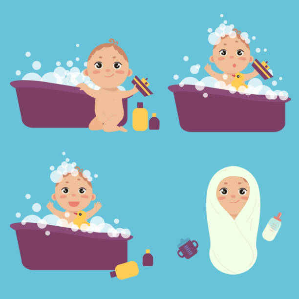 A baby boy having bath in a bathtub with duck A baby is having bath in a bathtub. Four stages of bathing. Baby boy plays with duck in bubbles and soap. Clean child in towel. Vector illustration blow up doll stock illustrations