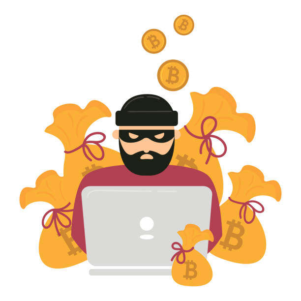 ilustrações de stock, clip art, desenhos animados e ícones de hacker, laptop and bitcoin cryptocurrency robbery - computer software cd computer laptop