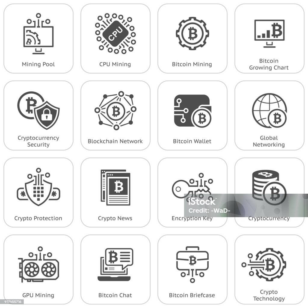 Bitcoin and Blockchain Cryptocurrency Icons Blockchain Cryptocurrency Icons. Modern computer network technology sign set. Digital graphic symbol collection. Bitcoin mining and Security. Concept design elements. Cryptocurrency stock vector