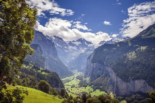A View down the Lauterbrunnen Valley to the Schilthorn Mountainin the Bernese Alps. Taken from above the mountain village of Wengen.