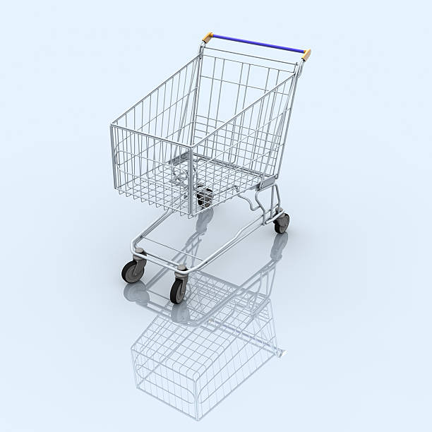 istock Empty shopping cart on blue reflective background 91745649