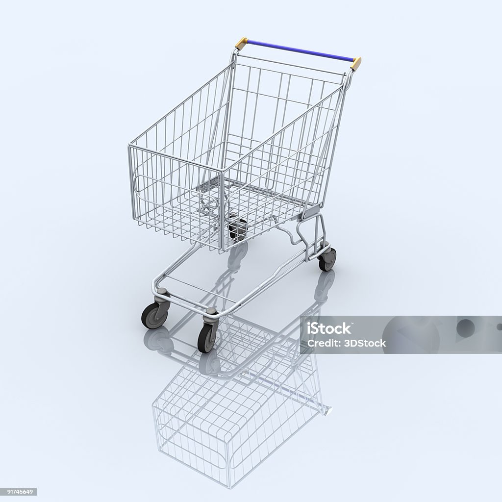Empty shopping cart on blue reflective background Images/Photos: Supermarket Stock Photo