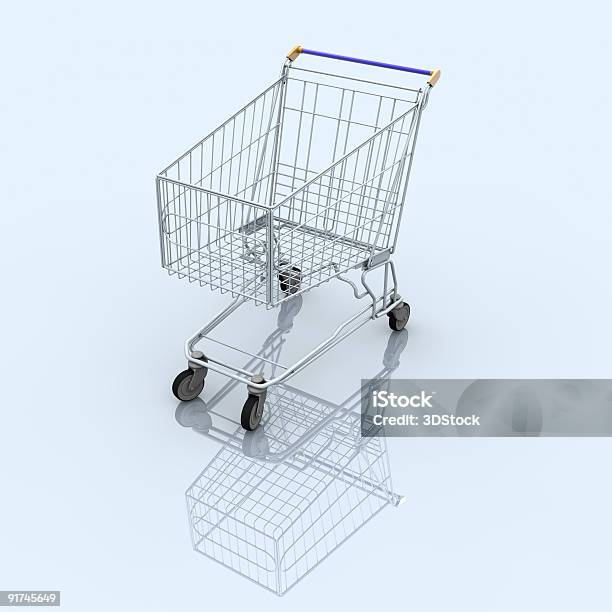 Empty Shopping Cart On Blue Reflective Background Stock Photo - Download Image Now - Supermarket, Groceries, Large