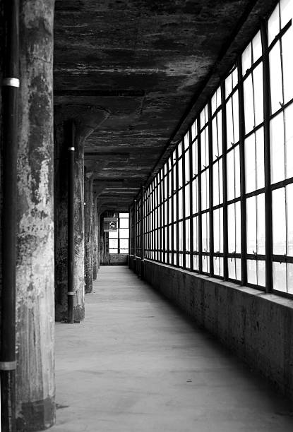 Long industrial corridor lined by windows and pillars
