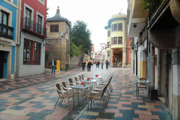 An empty cafe in the city of Aviles stock photo