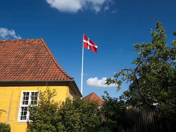 Danish flag on the roof of a building against a blue sky.