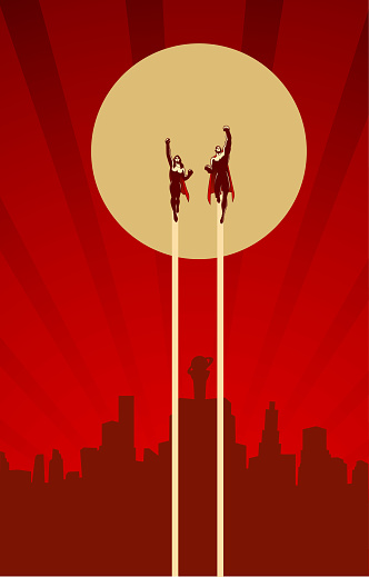 A retro style illustration of a couple of superhero flying above with city skyline in the background. Wide space available for your copy.