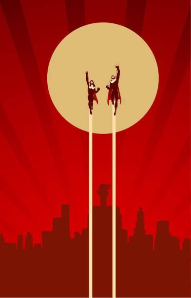 Vector Retro Superhero Couple Flying Illustration A retro style illustration of a couple of superhero flying above with city skyline in the background. Wide space available for your copy. superhero illustrations stock illustrations