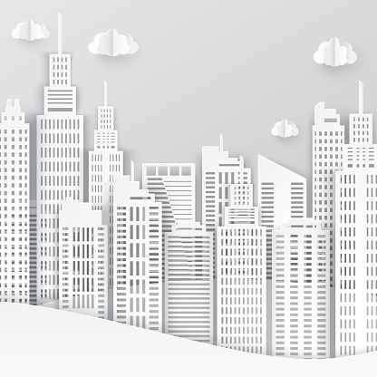 White paper skyscrapers. Achitectural building in panoramic view. Modern city skyline building industrial paper art landscape skyscraper offices. Vector Illustration