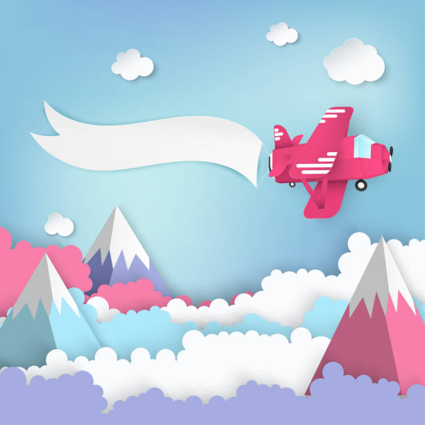 istock Paper art background with paper clouds, high mountains, pink airplane with banner. Flying origami paper art plane. Blue sky background with fluffy clouds. Pastel colors 917462402
