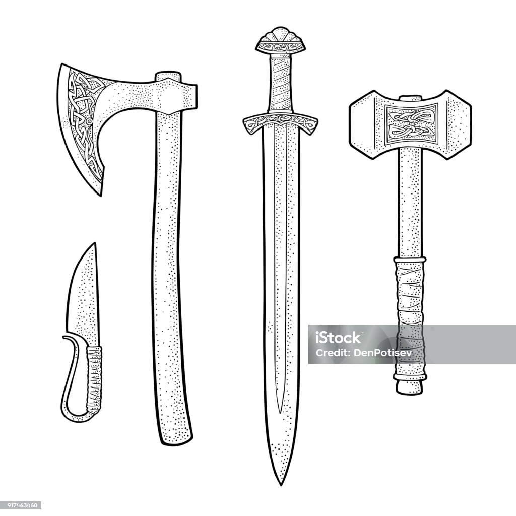 Set edged weapons viking. Set edged weapons viking. Knife, axe, sword and hammer with runes. Vintage vector black engraving illustration. Isolated on white background. Hand drawn design element for poster, label, tattoo Sword stock vector