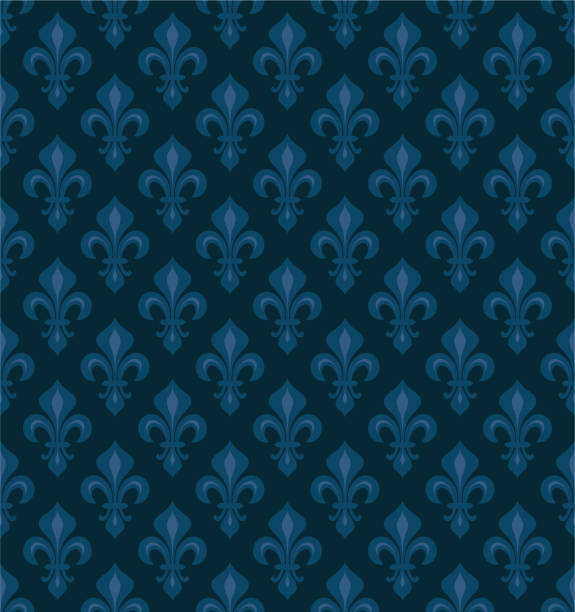 illustrazioni stock, clip art, cartoni animati e icone di tendenza di royal heraldic lilies (fleur-de-lis) — velluto blu scuro, motivo senza cuciture, sfondo carta da parati. - armorial