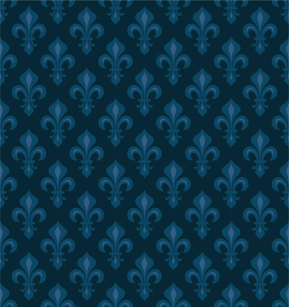 royal heraldic lilie (fleur-de-lis) — ciemnoniebieski aksamit, bezszwowy wzór, tło tapety. - fleurdelis stock illustrations