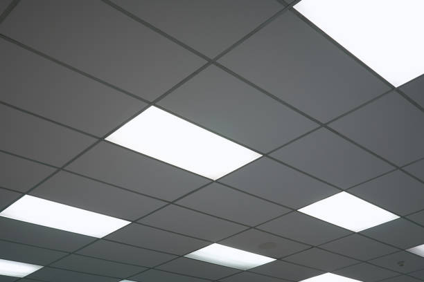 istock White ceiling with neon light bulbs in uprisen view.as background interior decoration concept with copy space for your text or design. 917481460