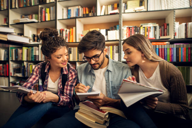 istock Concept of education, library, students and teamwork. Three charming focused productive young studying friends sitting on the floor in the library and learning together from notes and the books. 917481744