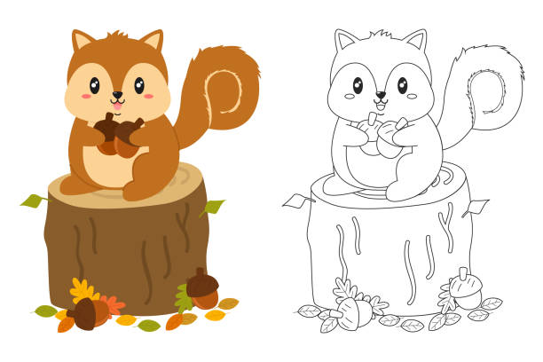 Autumn Squirrel Coloring Page Vector Set Squirrel on top of a tree stump holding acorns, black and white outline cartoon vector for coloring page for kids. Printable coloring page template cartoon vector. autumn coloring pages stock illustrations