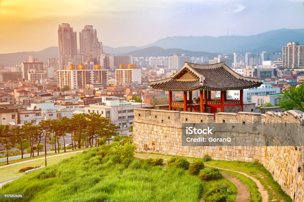 Sunset of Hwaseong  fortress is a Joseon Dynasty that surrounds the centre of Suwon City,South Korea. South Korea. Seoul Stock Photo