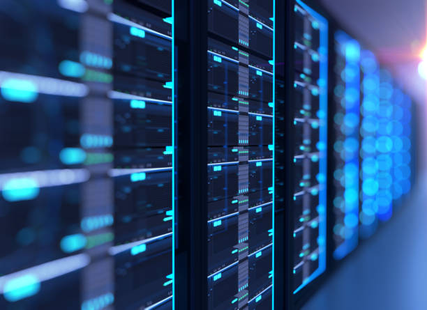Corridor of server room with server racks in datacenter. 3d illustration 3D illustration of server room in data center full of telecommunication equipment,concept of big data storage and cloud sponsor photos stock pictures, royalty-free photos & images