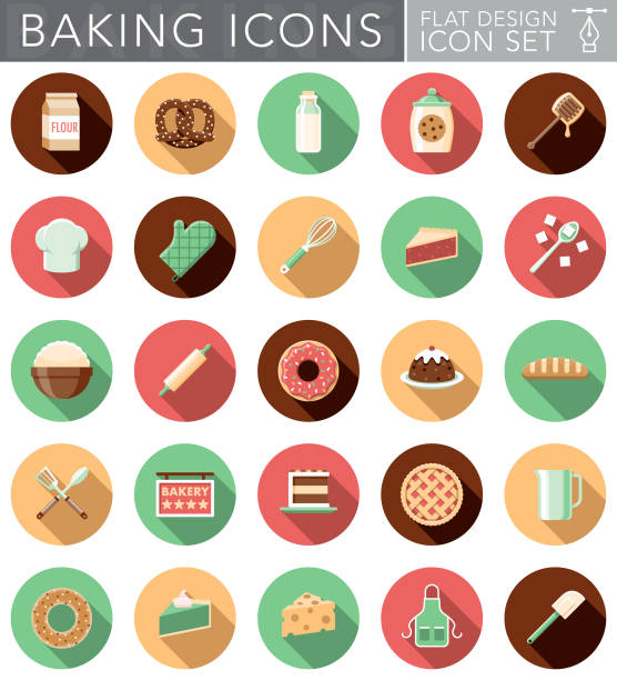 Flat Design Baking Icon Set with Side Shadow A set of flat design styled baking and bakery icons with a long side shadow. Color swatches are global so it’s easy to edit and change the colors. mixing bowl icon stock illustrations