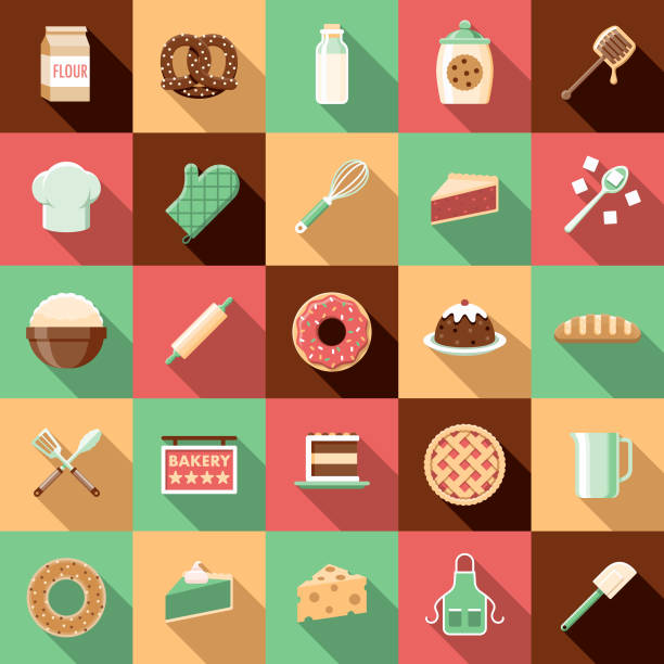 Flat Design Baking Icon Set with Side Shadow A set of flat design styled baking and bakery icons with a long side shadow. Color swatches are global so it’s easy to edit and change the colors. dessert pie stock illustrations