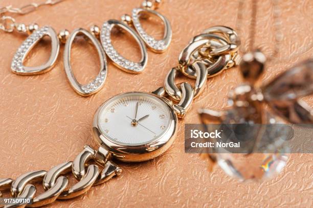 Gold Women Wristwatch Stock Photo - Download Image Now - Adult, Bracelet, Clock Face