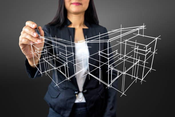 istock Businesswoman (Architect / Interior designer) drawing on modern futuristic virtual screen 917515970