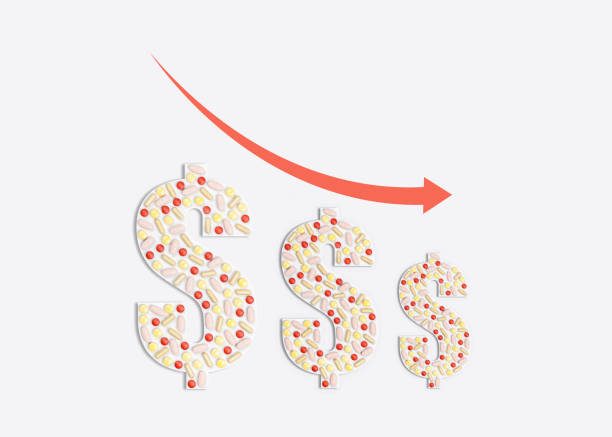 graph with three dollar signs shaped with pills showing downward trend, horizontal layout - moving down dollar decline graph imagens e fotografias de stock