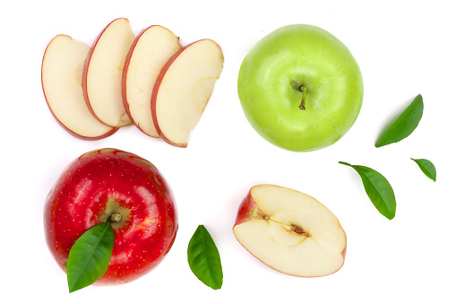red and green apples with slices and leaves isolated on white background top view. Set or collection. Flat lay pattern.
