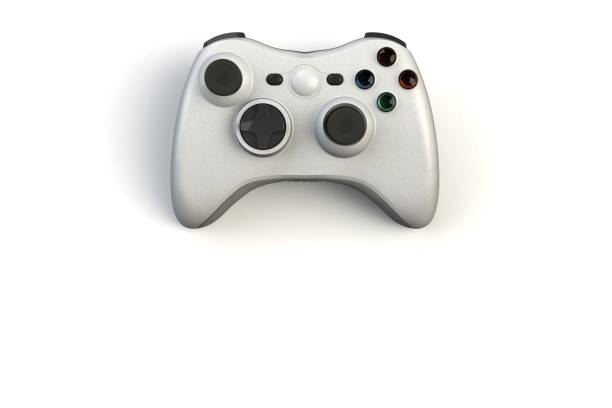 istock Computer game competition. Gaming concept. White joystick isolated on white background, 3D rendering 917529192
