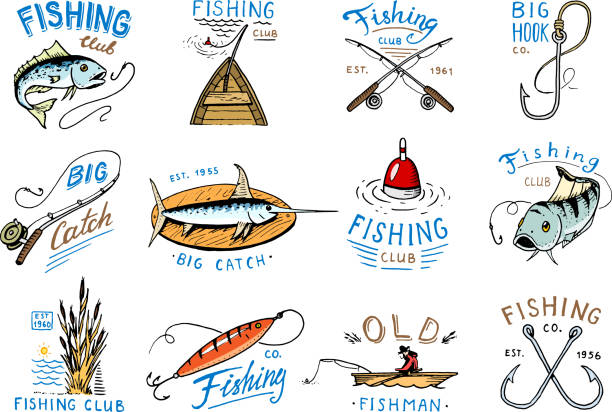 ilustraciones, imágenes clip art, dibujos animados e iconos de stock de icono vector pesca icontype de pesca con pescador en barco y el emblema con pescado atrapado en ilustración de rocín set para fishingclub aislada sobre fondo blanco - aparejo de pesca ilustraciones